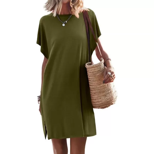 imageANRABESS Womens Summer Short Sleeve TShirt Dress Casual Loose Slit Beach Mini Dress Tunic TopArmy Green