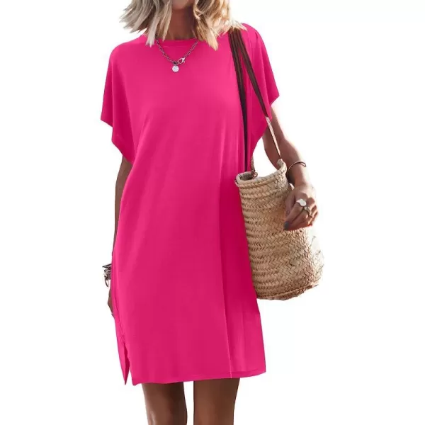 imageANRABESS Womens Summer Short Sleeve TShirt Dress Casual Loose Slit Beach Mini Dress Tunic TopHot Pink