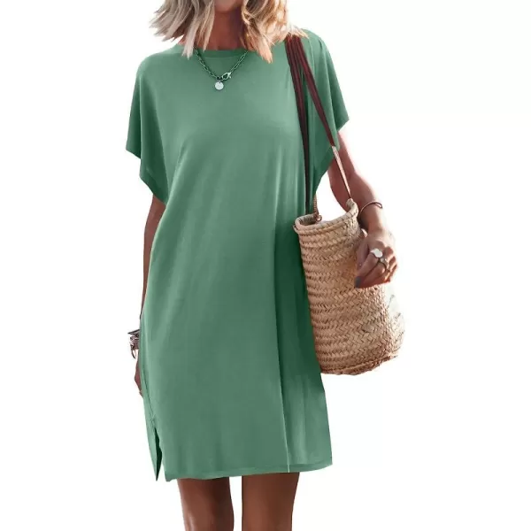 imageANRABESS Womens Summer Short Sleeve TShirt Dress Casual Loose Slit Beach Mini Dress Tunic TopLight Green