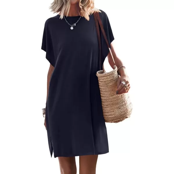 imageANRABESS Womens Summer Short Sleeve TShirt Dress Casual Loose Slit Beach Mini Dress Tunic TopNavy Blue