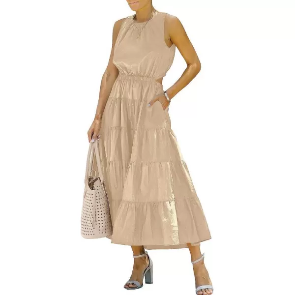 imageANRABESS Womens Summer Sleeveless Cutout Maxi Dress Crewneck Tiered Flowy ALine Sundress with PocketsAlmond
