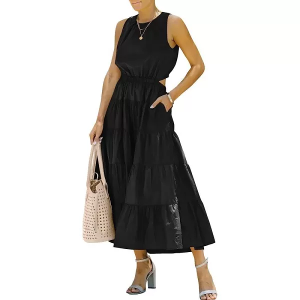 imageANRABESS Womens Summer Sleeveless Cutout Maxi Dress Crewneck Tiered Flowy ALine Sundress with PocketsBlack
