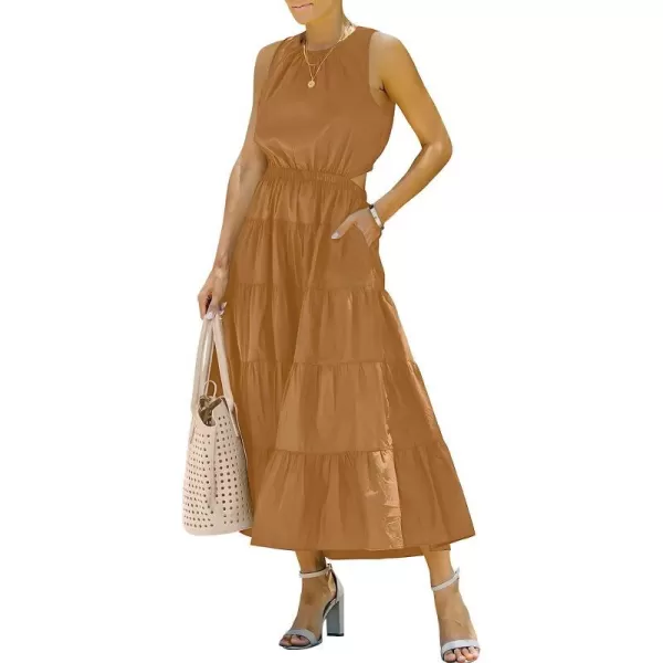 imageANRABESS Womens Summer Sleeveless Cutout Maxi Dress Crewneck Tiered Flowy ALine Sundress with PocketsBrown