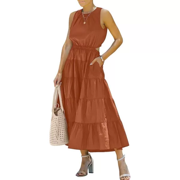 imageANRABESS Womens Summer Sleeveless Cutout Maxi Dress Crewneck Tiered Flowy ALine Sundress with PocketsCaramel