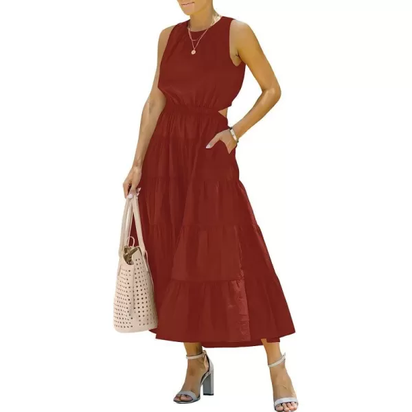 imageANRABESS Womens Summer Sleeveless Cutout Maxi Dress Crewneck Tiered Flowy ALine Sundress with PocketsDeep Red