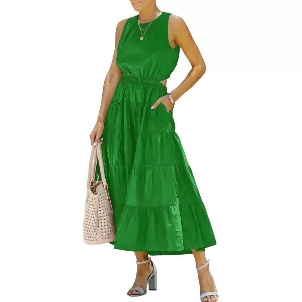imageANRABESS Womens Summer Sleeveless Cutout Maxi Dress Crewneck Tiered Flowy ALine Sundress with PocketsForest