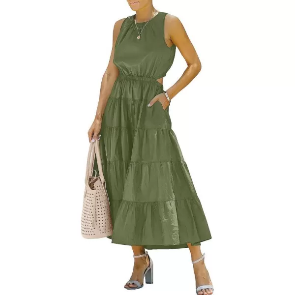 imageANRABESS Womens Summer Sleeveless Cutout Maxi Dress Crewneck Tiered Flowy ALine Sundress with PocketsGreen