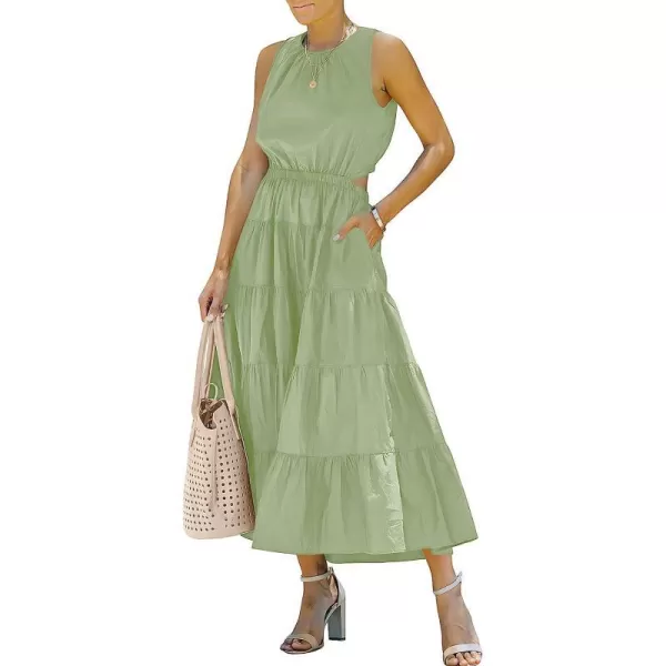 imageANRABESS Womens Summer Sleeveless Cutout Maxi Dress Crewneck Tiered Flowy ALine Sundress with PocketsLight Green