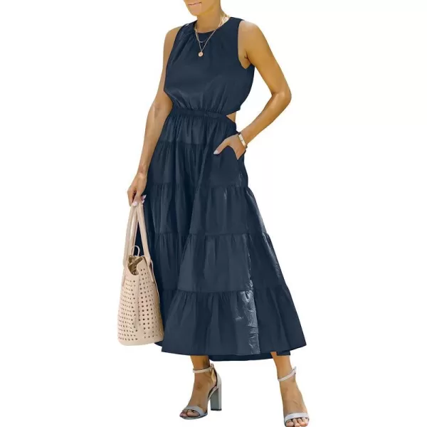imageANRABESS Womens Summer Sleeveless Cutout Maxi Dress Crewneck Tiered Flowy ALine Sundress with PocketsNavy Blue