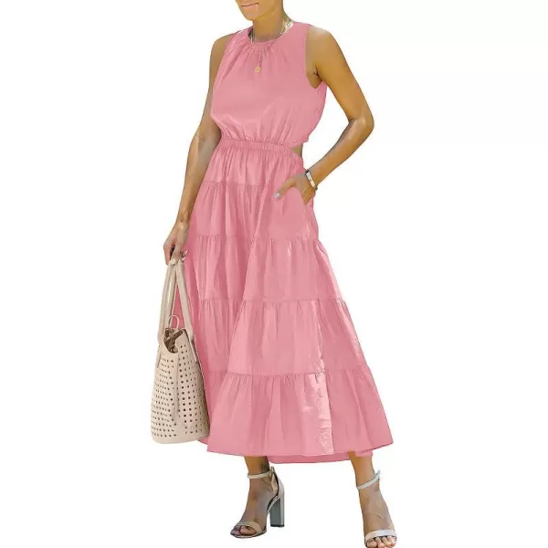 imageANRABESS Womens Summer Sleeveless Cutout Maxi Dress Crewneck Tiered Flowy ALine Sundress with PocketsPink