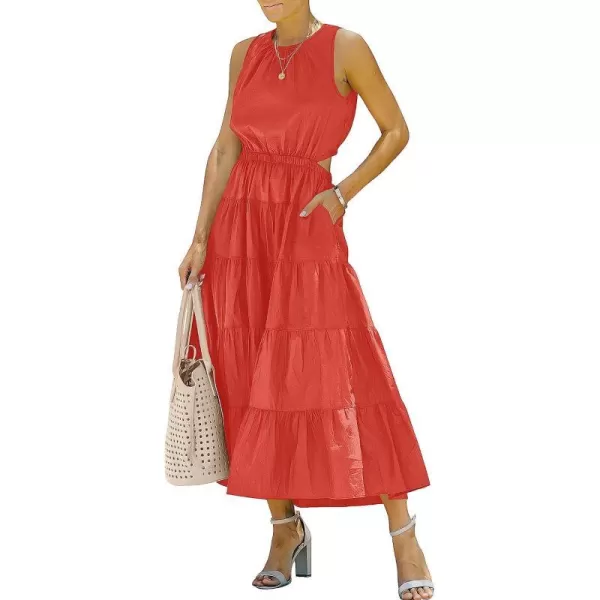 imageANRABESS Womens Summer Sleeveless Cutout Maxi Dress Crewneck Tiered Flowy ALine Sundress with PocketsRed
