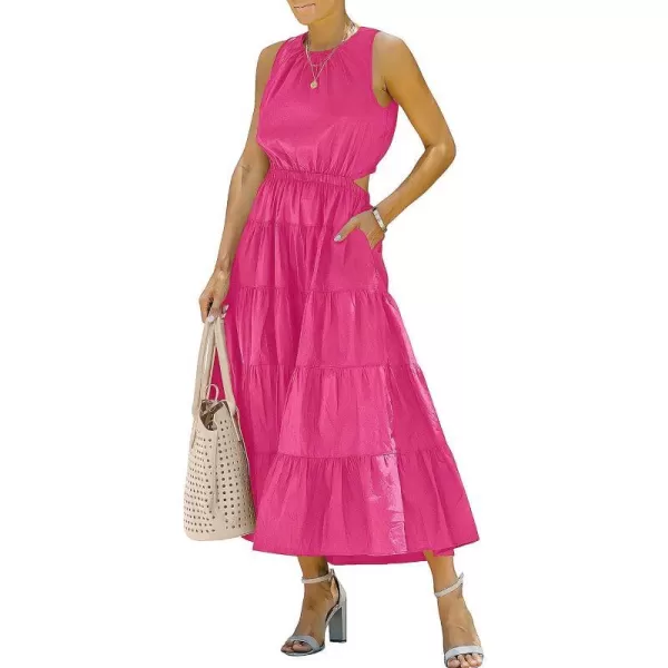 imageANRABESS Womens Summer Sleeveless Cutout Maxi Dress Crewneck Tiered Flowy ALine Sundress with PocketsRose