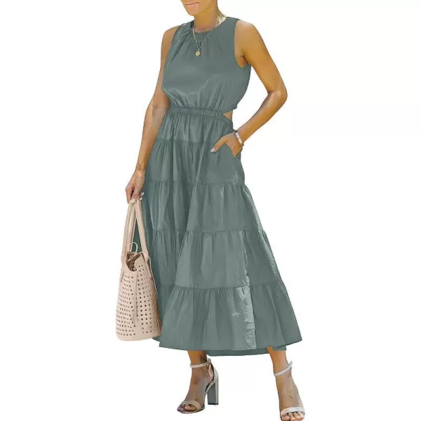 imageANRABESS Womens Summer Sleeveless Cutout Maxi Dress Crewneck Tiered Flowy ALine Sundress with PocketsTeal