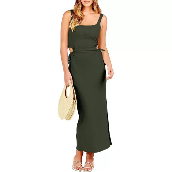 imageANRABESS Womens Summer Sleeveless Scoop Neck Fitted Tank Dress Cutout Bodycon Ruched Slit Maxi DressArmy Green