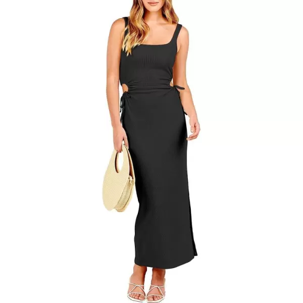 imageANRABESS Womens Summer Sleeveless Scoop Neck Fitted Tank Dress Cutout Bodycon Ruched Slit Maxi DressBlack
