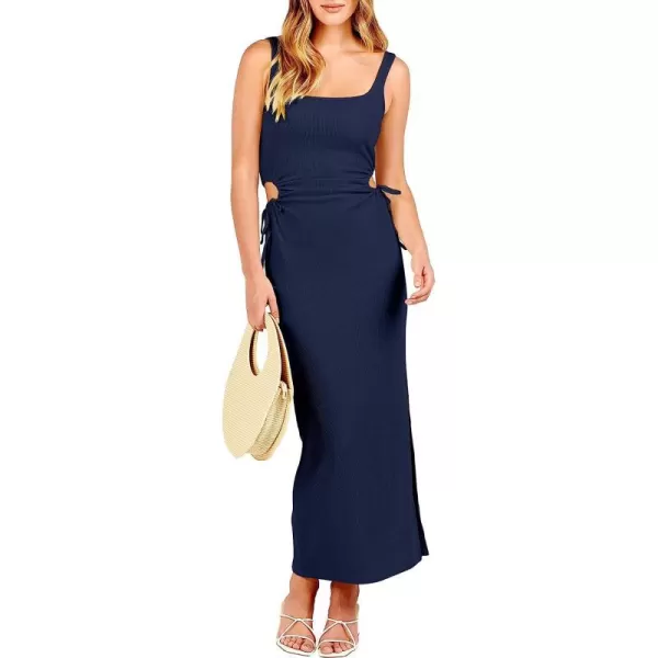 imageANRABESS Womens Summer Sleeveless Scoop Neck Fitted Tank Dress Cutout Bodycon Ruched Slit Maxi DressNavy Blue