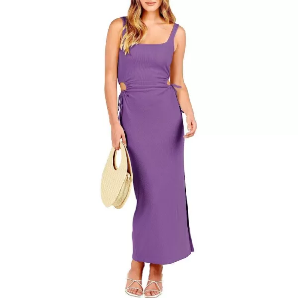 imageANRABESS Womens Summer Sleeveless Scoop Neck Fitted Tank Dress Cutout Bodycon Ruched Slit Maxi DressPurple