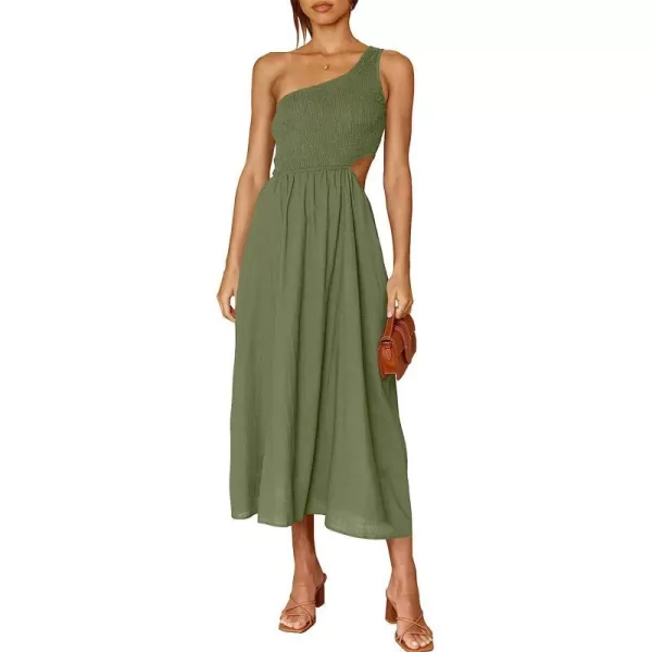 imageANRABESS Womens Summer Sleeveless Smocked One Shoulder Cutout Sundress Flowy ALine Beach Long Maxi DressGray Green