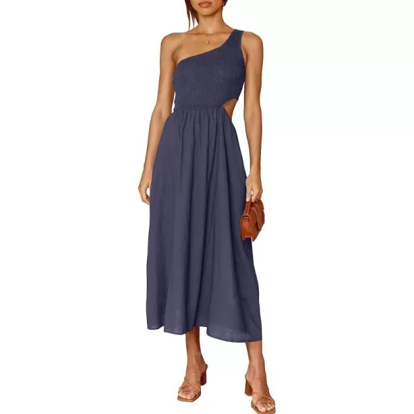 imageANRABESS Womens Summer Sleeveless Smocked One Shoulder Cutout Sundress Flowy ALine Beach Long Maxi DressNavy Blue