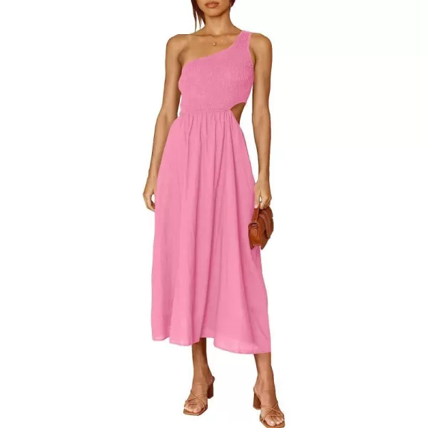 imageANRABESS Womens Summer Sleeveless Smocked One Shoulder Cutout Sundress Flowy ALine Beach Long Maxi DressPink