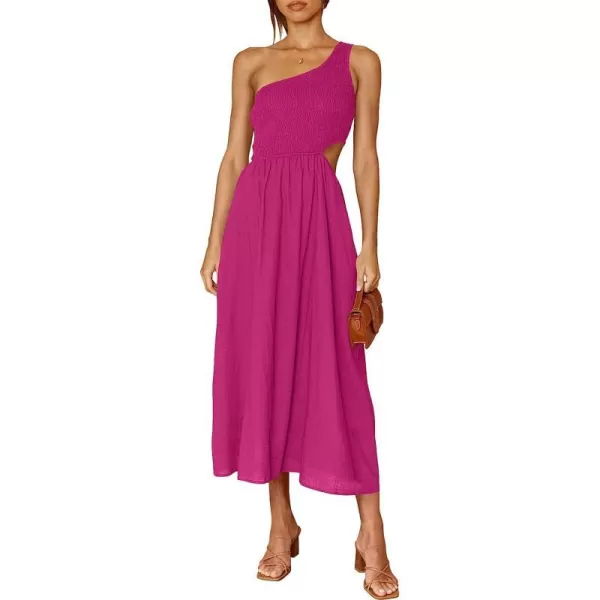 imageANRABESS Womens Summer Sleeveless Smocked One Shoulder Cutout Sundress Flowy ALine Beach Long Maxi DressRose
