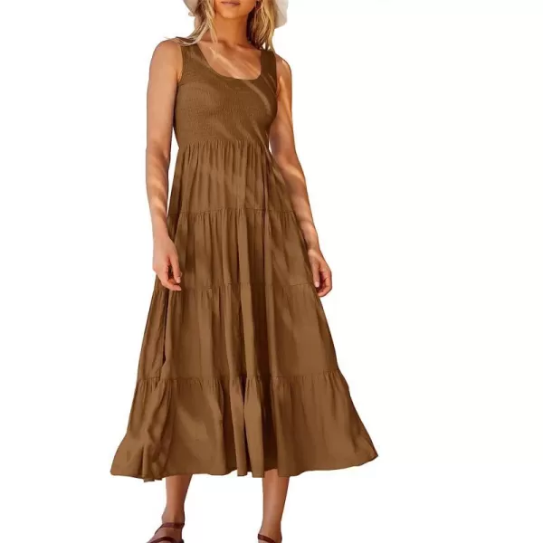 imageANRABESS Womens Summer Sleeveless Smocked Sundress Boho Ruffle Tiered Swing A Line Beach Midi Dress with PocketsBrown