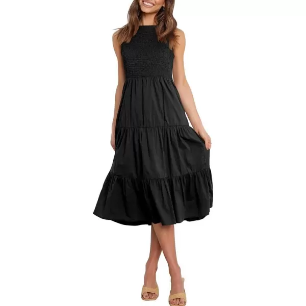 imageANRABESS Womens Summer Sleeveless Smocked Sundress Elastic Waist Tiered Swing A Line Beach Midi Dress with PocketsBlack