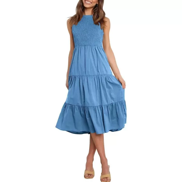 imageANRABESS Womens Summer Sleeveless Smocked Sundress Elastic Waist Tiered Swing A Line Beach Midi Dress with PocketsBlue