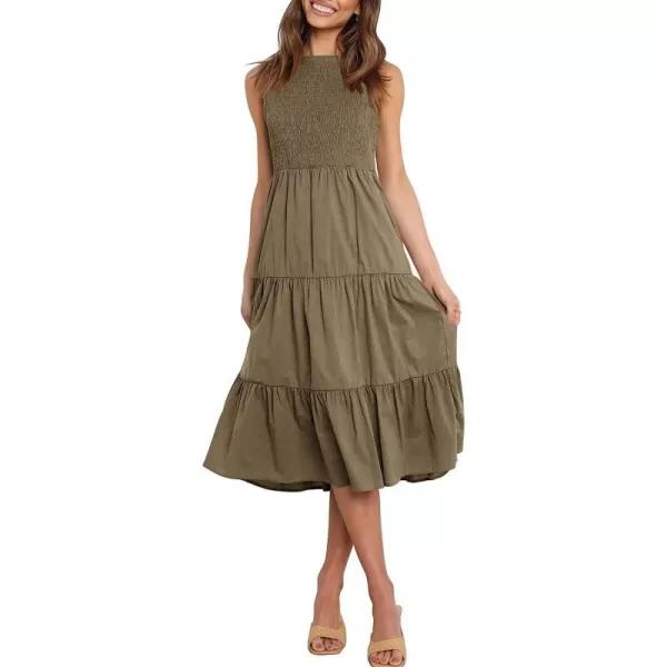 imageANRABESS Womens Summer Sleeveless Smocked Sundress Elastic Waist Tiered Swing A Line Beach Midi Dress with PocketsCoffee