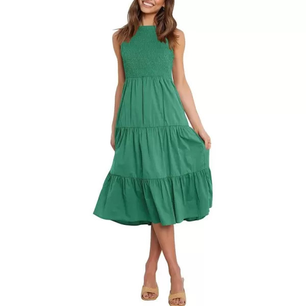 imageANRABESS Womens Summer Sleeveless Smocked Sundress Elastic Waist Tiered Swing A Line Beach Midi Dress with PocketsGreen