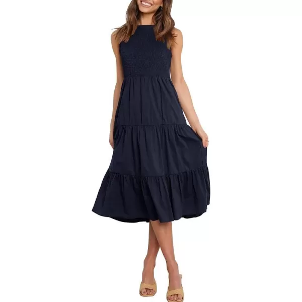 imageANRABESS Womens Summer Sleeveless Smocked Sundress Elastic Waist Tiered Swing A Line Beach Midi Dress with PocketsNavy Blue