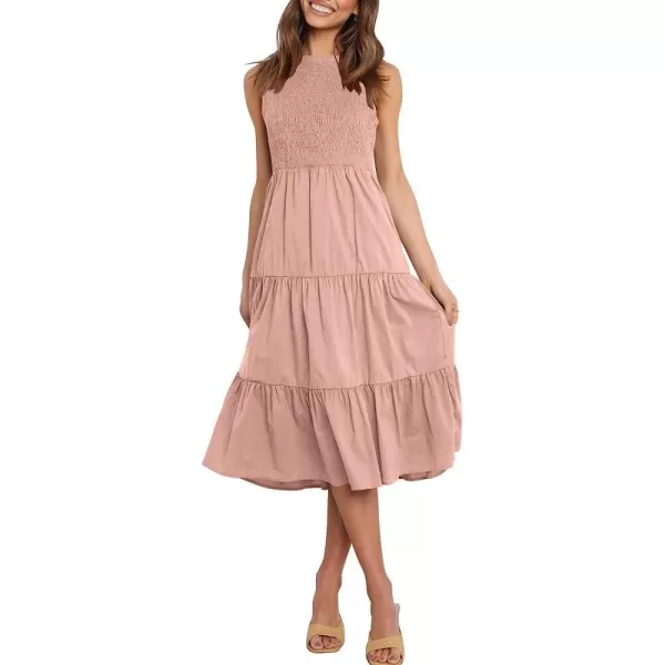 imageANRABESS Womens Summer Sleeveless Smocked Sundress Elastic Waist Tiered Swing A Line Beach Midi Dress with PocketsPink