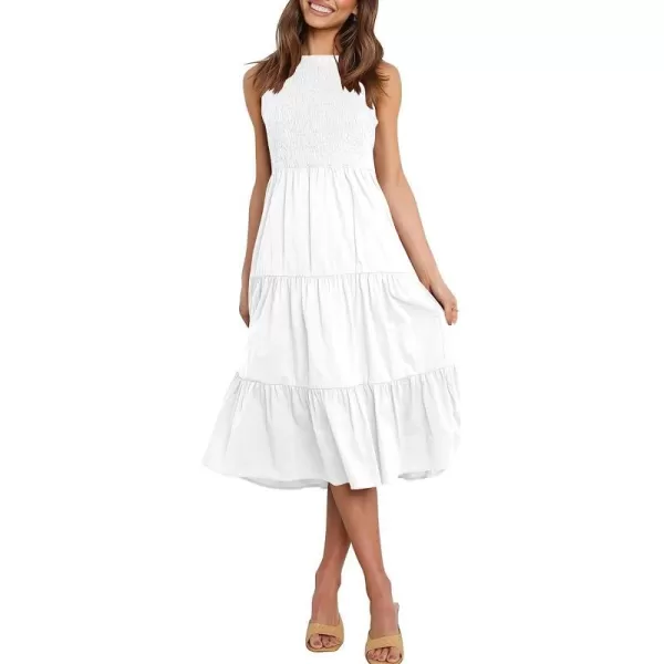 imageANRABESS Womens Summer Sleeveless Smocked Sundress Elastic Waist Tiered Swing A Line Beach Midi Dress with PocketsWhite