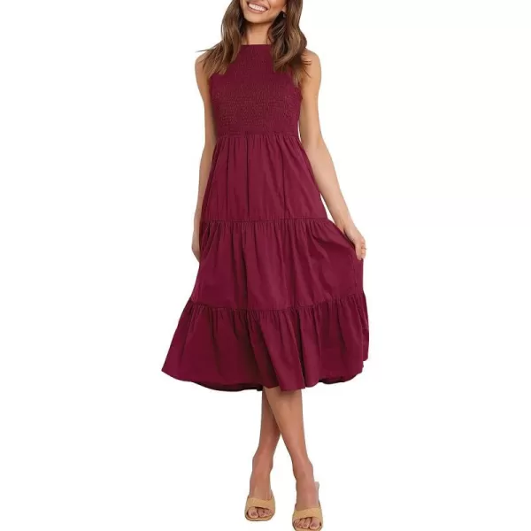imageANRABESS Womens Summer Sleeveless Smocked Sundress Elastic Waist Tiered Swing A Line Beach Midi Dress with PocketsWine Red