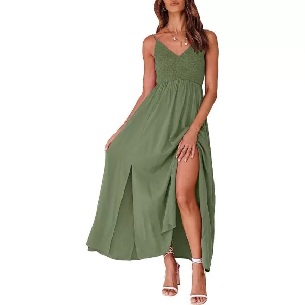 imageANRABESS Womens Summer Sleeveless Spaghetti Strap V Neck Smocked Backless Slit Maxi Beach DressArmy Green