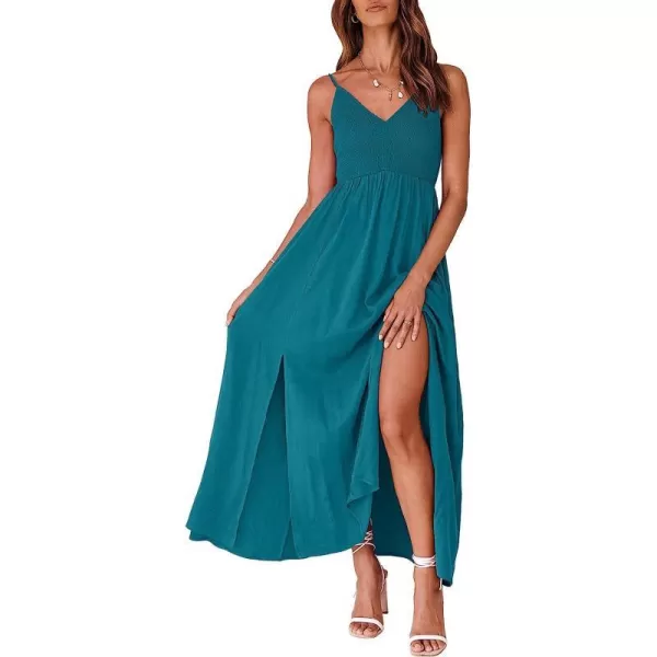 imageANRABESS Womens Summer Sleeveless Spaghetti Strap V Neck Smocked Backless Slit Maxi Beach DressCyan