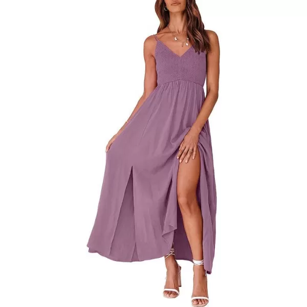 imageANRABESS Womens Summer Sleeveless Spaghetti Strap V Neck Smocked Backless Slit Maxi Beach DressPurple