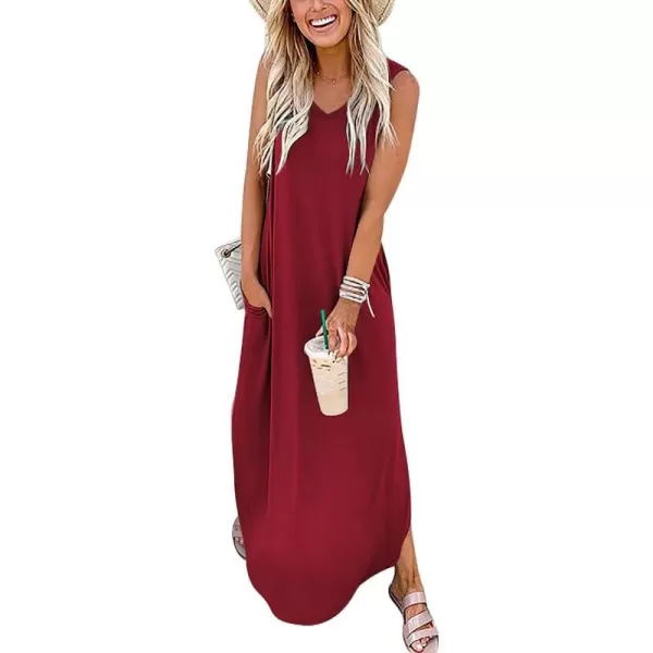 imageANRABESS Womens Summer Sleeveless V Neck Casual Loose Flowy Slit Maxi Beach Long Dresses with PocketsWine Red