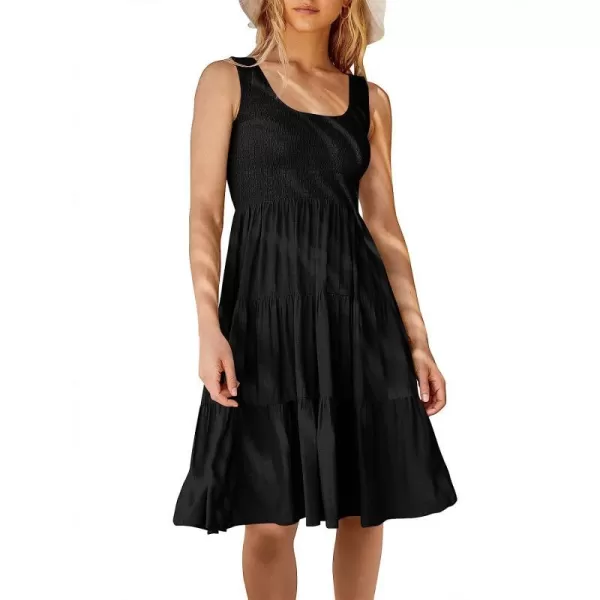 imageANRABESS Womens Summer Sleevelesss Scoop Neck Smocked Ruffle Tiered Mini Tank Beach DressBlack