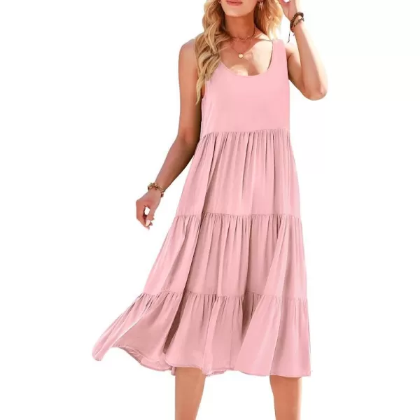 imageANRABESS Womens Summer Sleevelesss Scoop Neck Sundress Loose Casual Pleated Swing Flowy Beach Tank Midi Dress with PocketsPink