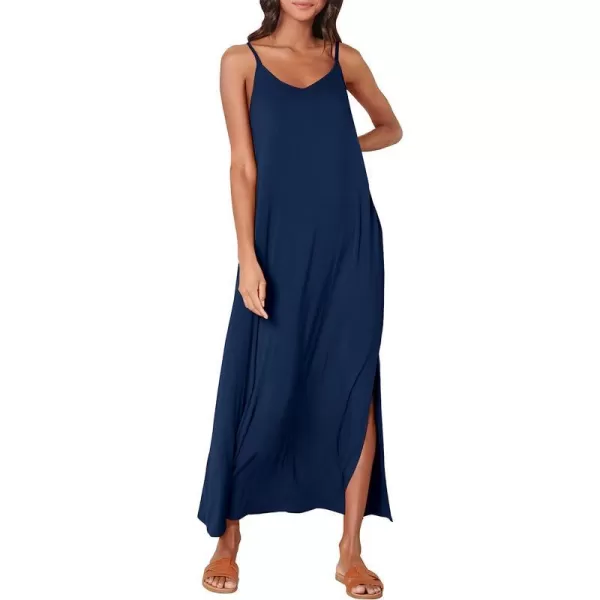 imageANRABESS Womens Summer Spaghetti Strap V Neck Casual Loose Backless Slit Maxi Beach Sun DressDeep Blue