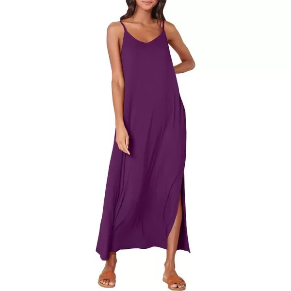 imageANRABESS Womens Summer Spaghetti Strap V Neck Casual Loose Backless Slit Maxi Beach Sun DressPurple