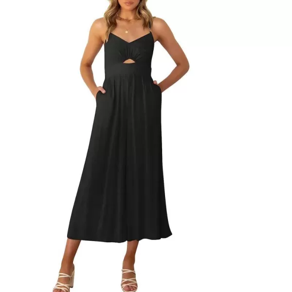 imageANRABESS Womens Summer Spaghetti Straps V Neck Cutout Smocked High Waist Wide leg Jumpsuits Rompers with PocketsBlack