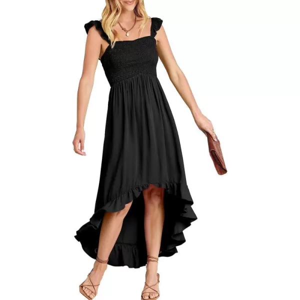 imageANRABESS Womens Summer Square Neck Strap Ruffle Sleeve Maxi Dress Smocked High Low Hem Flowy Beach Sundress with Pockets01black