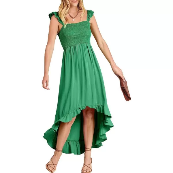 imageANRABESS Womens Summer Square Neck Strap Ruffle Sleeve Maxi Dress Smocked High Low Hem Flowy Beach Sundress with Pockets03green