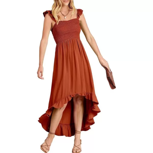 imageANRABESS Womens Summer Square Neck Strap Ruffle Sleeve Maxi Dress Smocked High Low Hem Flowy Beach Sundress with Pockets04rust
