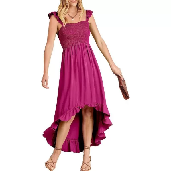 imageANRABESS Womens Summer Square Neck Strap Ruffle Sleeve Maxi Dress Smocked High Low Hem Flowy Beach Sundress with Pockets06rose