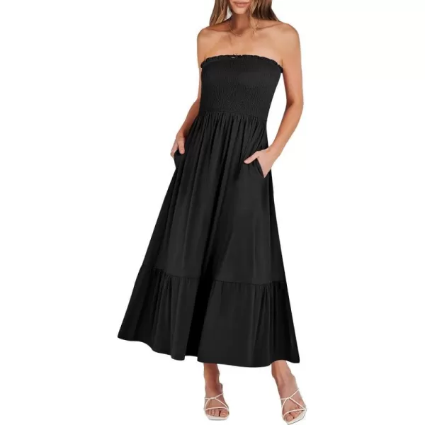 imageANRABESS Womens Summer Strapless Smocked ALine Fit Flare 2024 Fashion Boho Beach Party Long Maxi Dress with PocketsBlack