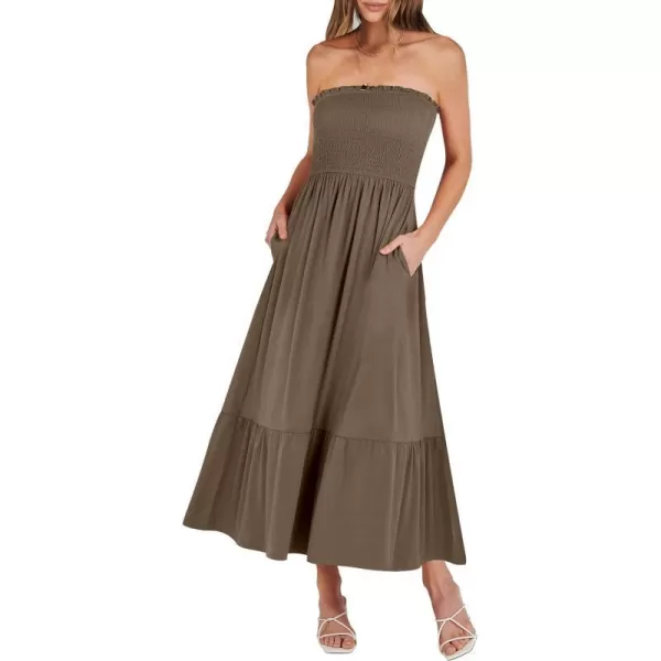 imageANRABESS Womens Summer Strapless Smocked ALine Fit Flare 2024 Fashion Boho Beach Party Long Maxi Dress with PocketsCoffee
