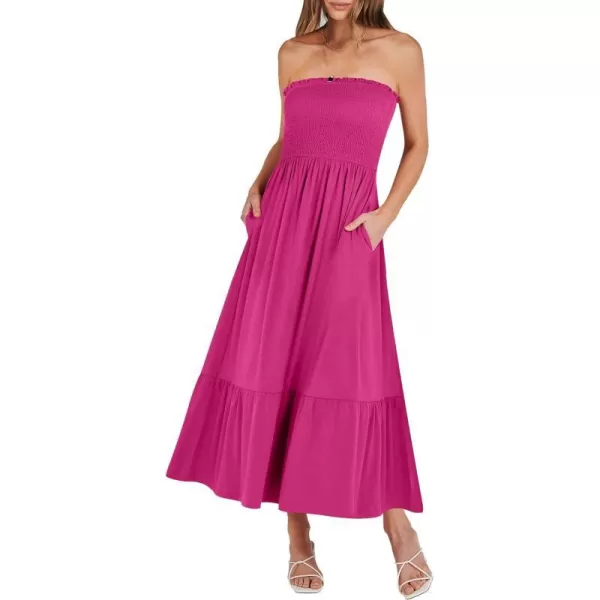 imageANRABESS Womens Summer Strapless Smocked ALine Fit Flare 2024 Fashion Boho Beach Party Long Maxi Dress with PocketsHot Pink